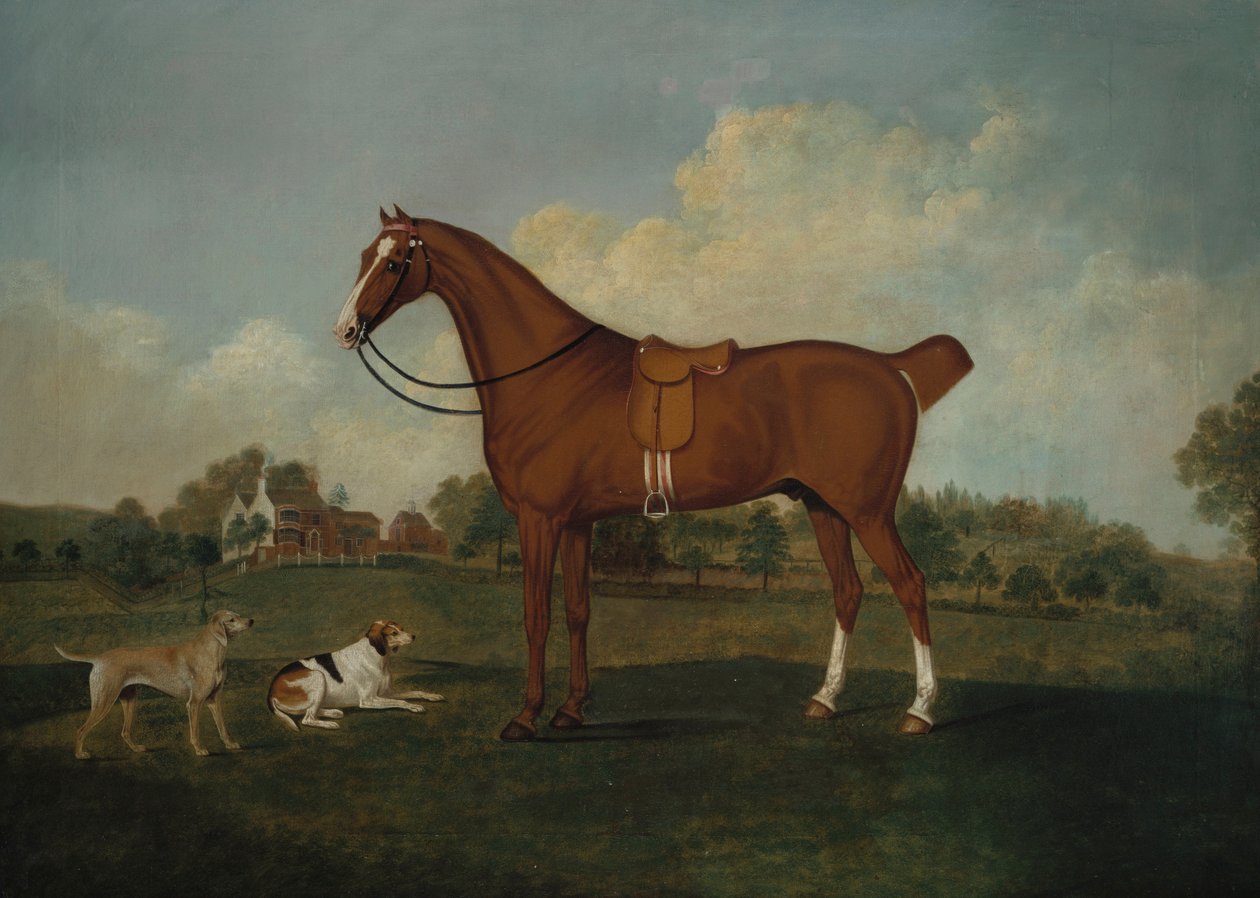 Hnědák se dvěma psy v krajině, se sídlem za nimi, 1779 od Charles Towne