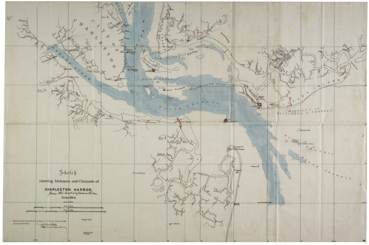 Náčrt zobrazující obranu a kanály Charleston Harbour, červen 1864 (inkoust na plátně) od Charles V. Bartelle