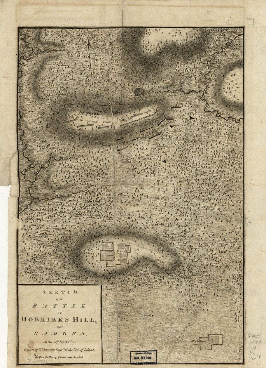 Náčrt bitvy u Hobkirks Hill, poblíž Camdenu, 25. dubna 1781, vydaný v Londýně, 1794 od Charles Vallancey