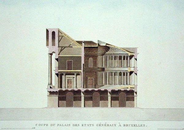 Průřez Palais des Etats Generaux, Brusel, z „Výběr z nejpozoruhodnějších památek, budov a domů Nizozemského království“ od Pierra Jacquese Goetghebuera, vydáno 1827 (akvatinta) (viz také 189230) od Charles Vander Straeten