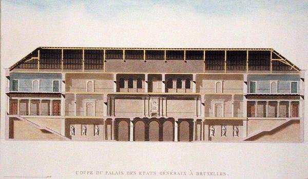 Průřez Palais des Etats Generaux, Brusel, z „Výběr z nejpozoruhodnějších památek, budov a domů Nizozemského království“ od Pierra Jacquese Goetghebuera, vydáno 1827 (akvatinta) (viz také 189231) od Charles Vander Straeten