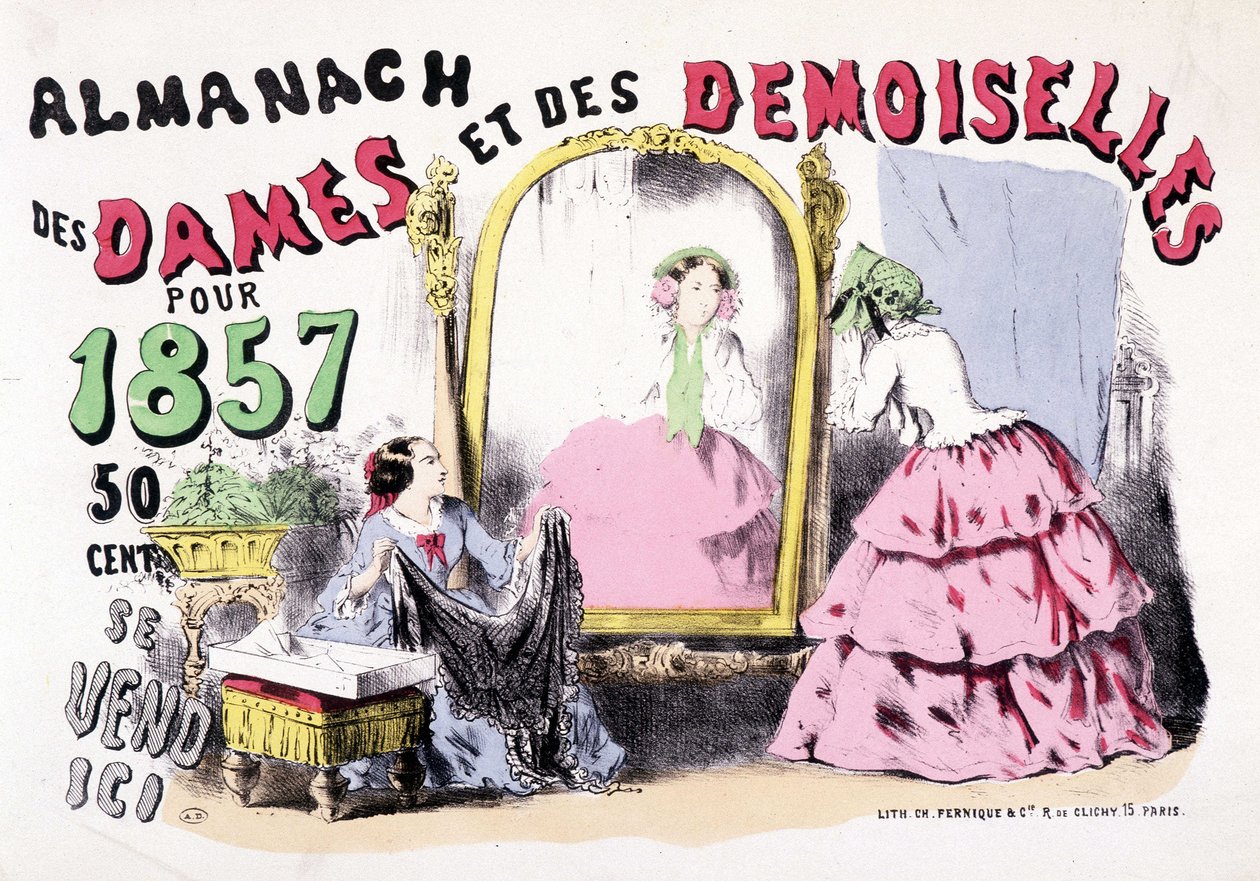 Reklamní plakát k Almanachu dam a dam na rok 1857 (dívky před lednicí), 50 centů od Charles Vernier