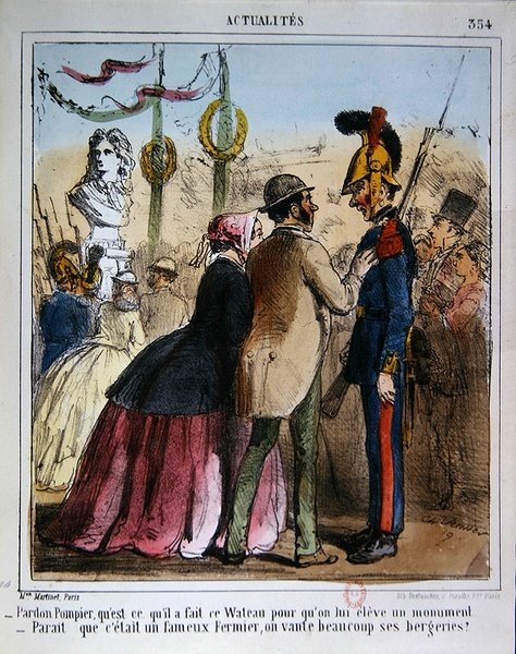 Kreslený film zesměšňující vztyčení pamětní sochy Watteaua, kolem roku 1870 (barevné lito) od Charles Vernier