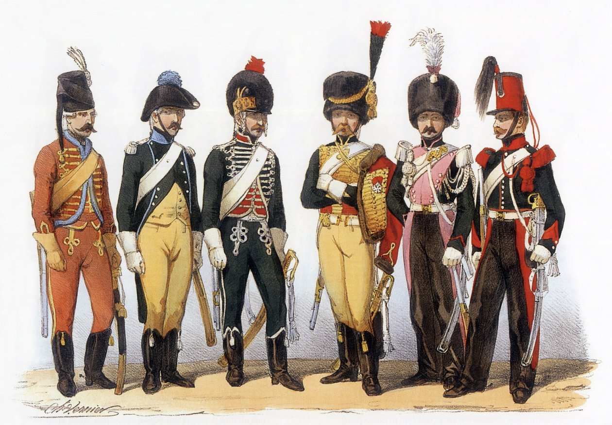 Kostýmy francouzské armády: Lancers g-d: 1745 souborový lovec (pod LouisXV); 1785 za Ludvíka XVI.; 1794 republika; 1810 císařská stráž (1. říše); 1824 královská stráž (obnovení); 1840, kresba Charles Vernier (1831-1887). od Charles Vernier