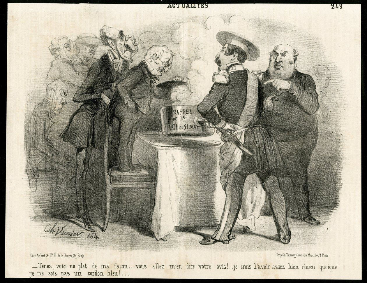 Ilustrace Charles Vernier (? -1887) v Le Charivari, cca 1851-11 - Připomenutí zákona z 31. května 1850 - Volby, prezident republiky, velikost, právo, hlasovací práva - Thiers Adolphe, Napoleon III, Dupin Andre- Oko Marie Dupinové (1783-1865) - Já od Charles Vernier