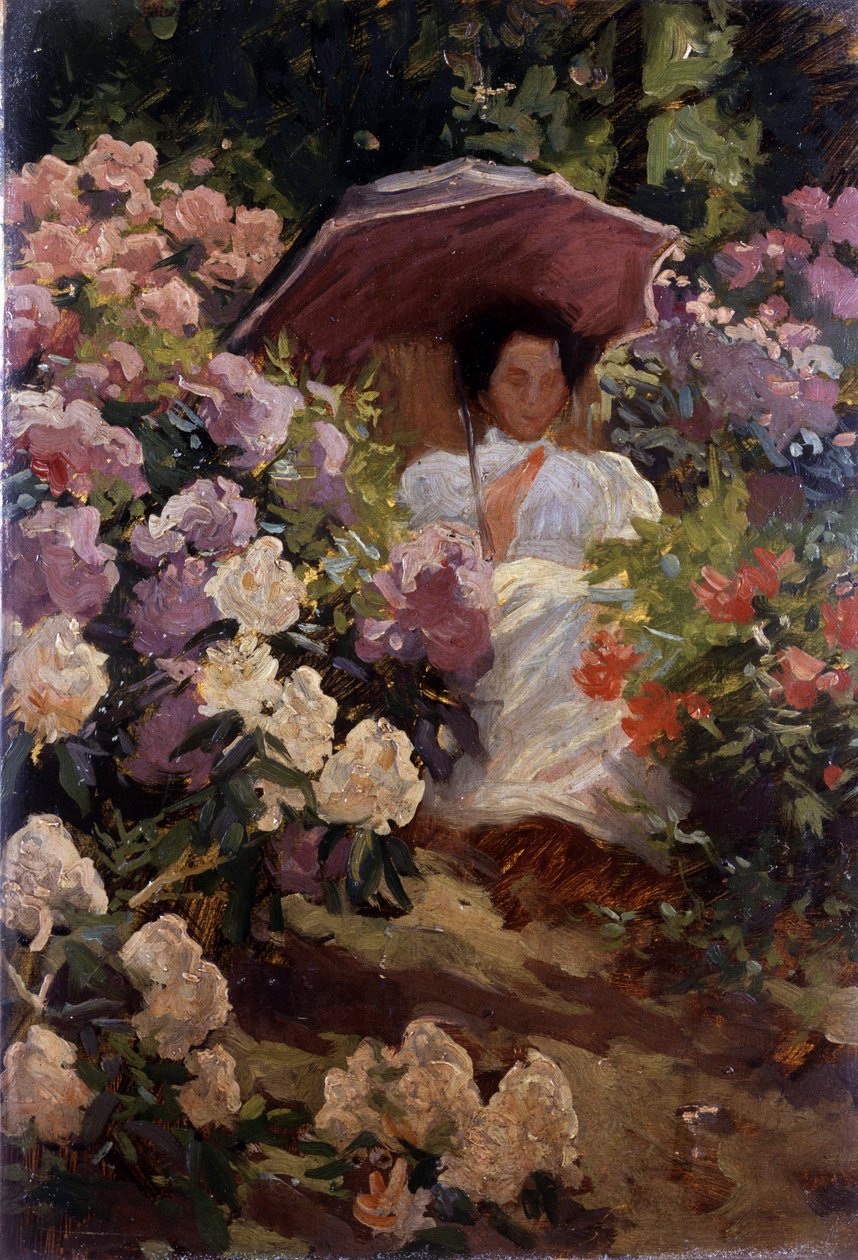 Dívka se slunečníkem. Mladá dívka se slunečníkem v rozkvetlé zahradě. Obraz Charlese Wellingtona Furse (1868-1904, Anglie) Soukromá sbírka od Charles Wellington Furse