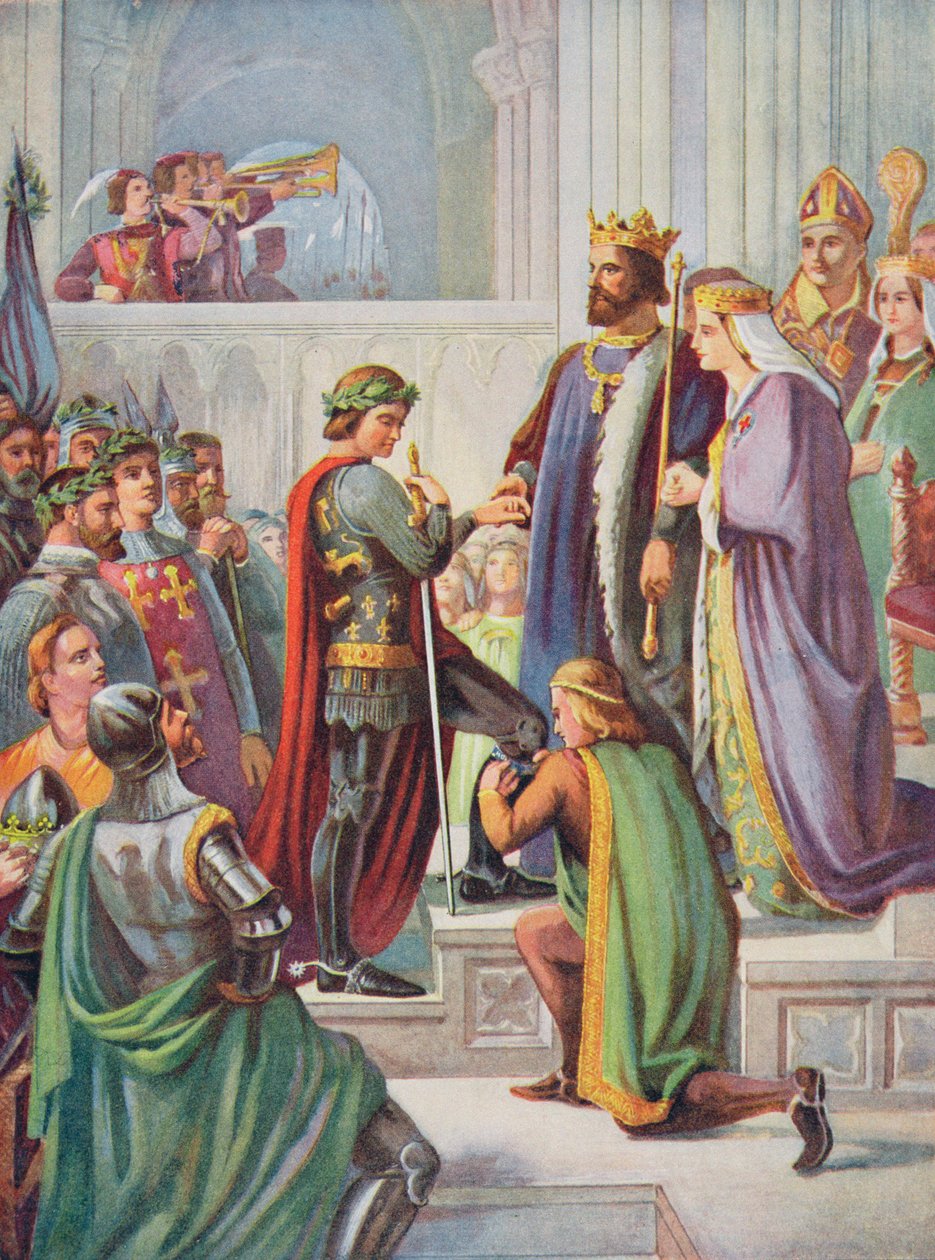 Investitura Černého prince (1330-76) jako rytíře podvazku, ilustrace z „Hutchinsonova příběhu britského národa“ od Charles West Cope
