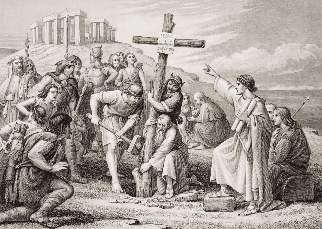 První hlásání křesťanství v Británii, z knihy "Ilustrace z anglických a skotských dějin", I. díl od Charles West Cope