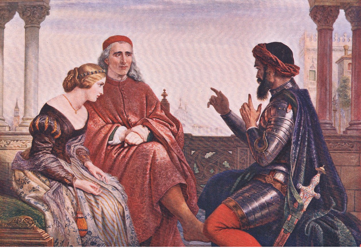 Namlouvání Desdemony (Othello) „Ve kterém jsem mluvil o nejničivějších šancích, o dopravních nehodách způsobených povodněmi a polem“ z The Complete Works of William Shakespeare pub. by J Coker & Co Ltd (barevné lito) od Charles West Cope