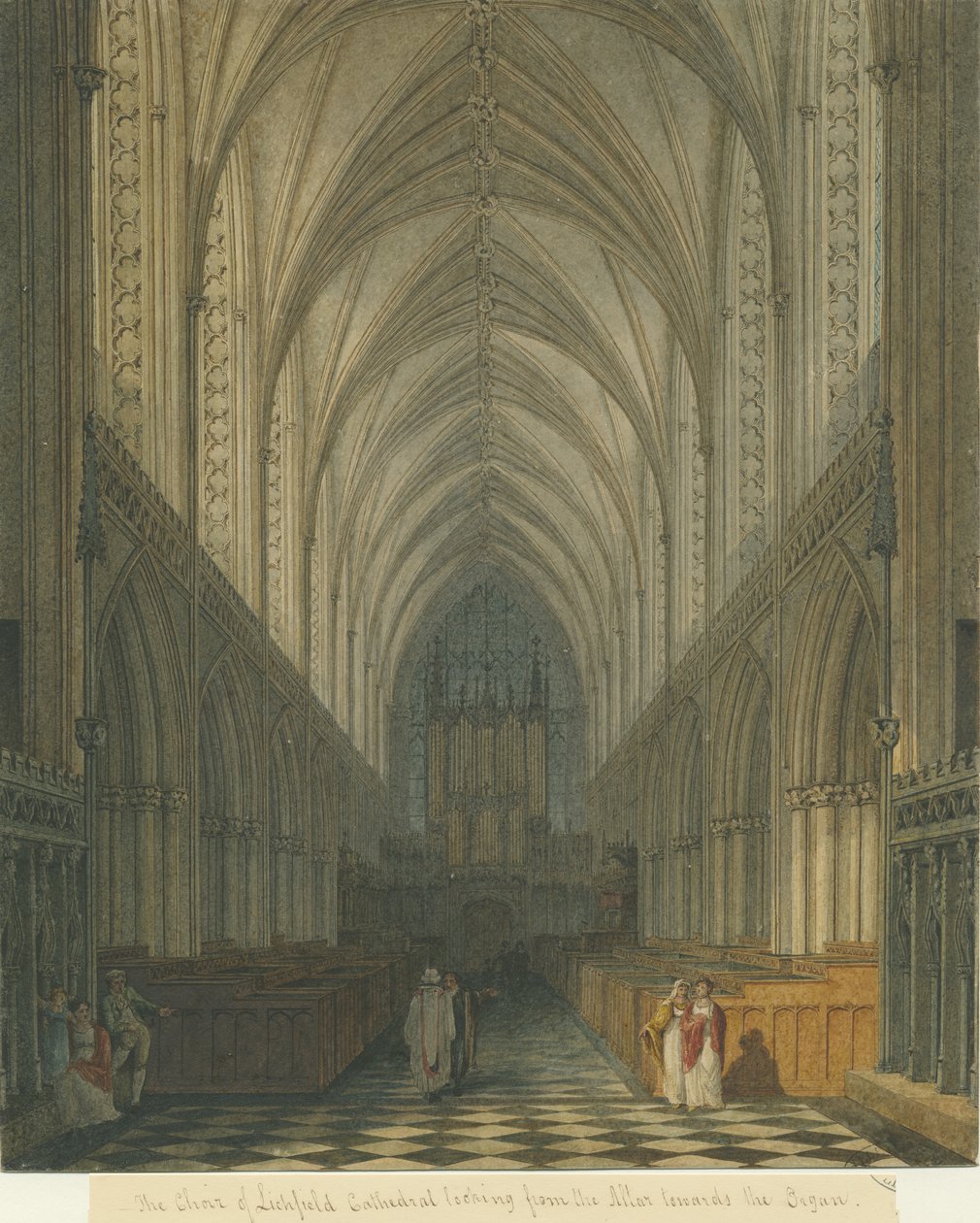Interiér katedrály Lichfield - Sbor: akvarel, ndc 1813] (malba) od Charles Wild