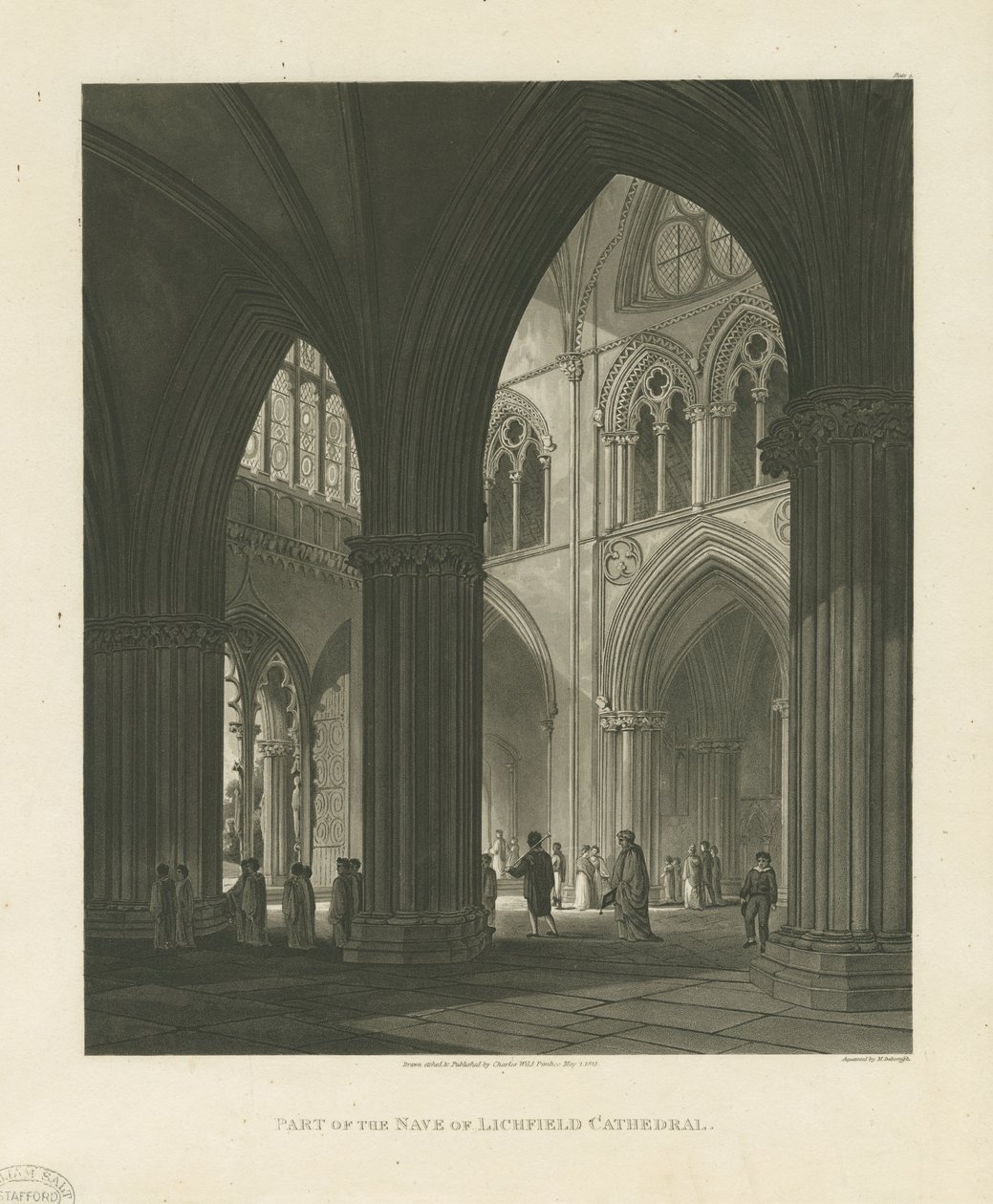 Interiér Lichfield Cathedral - Nave: rytina akvatinty od Charles Wild