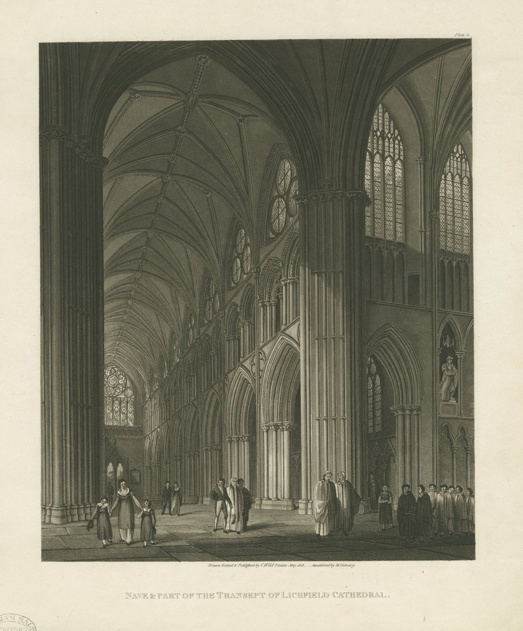 Interiér Lichfield Cathedral - Nave: rytina akvatinty od Charles Wild
