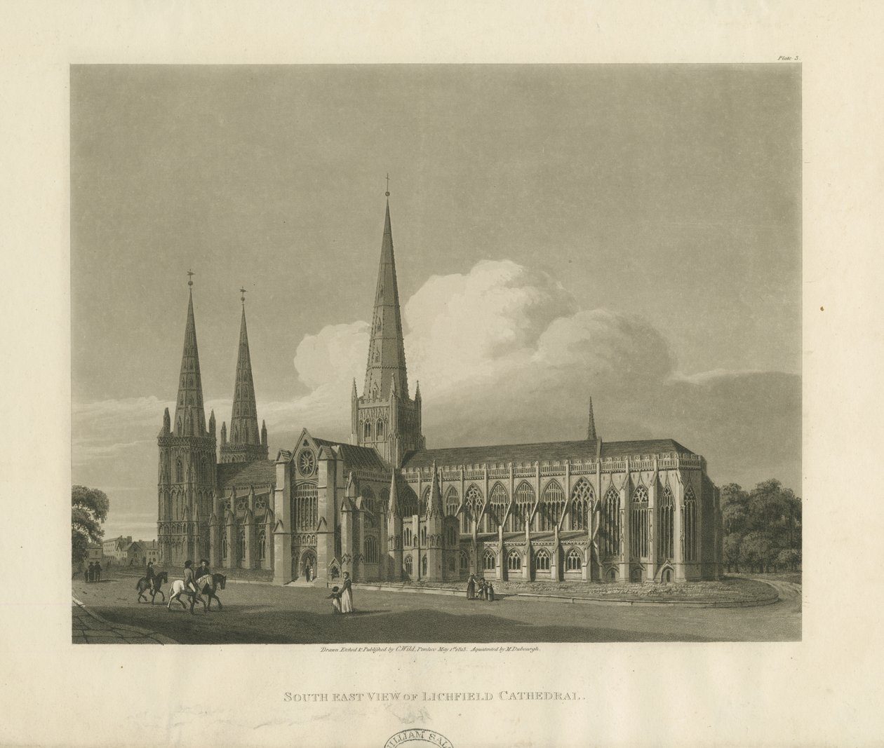 Katedrála Lichfield - South East View: rytina akvatinty, 1813 od Charles Wild