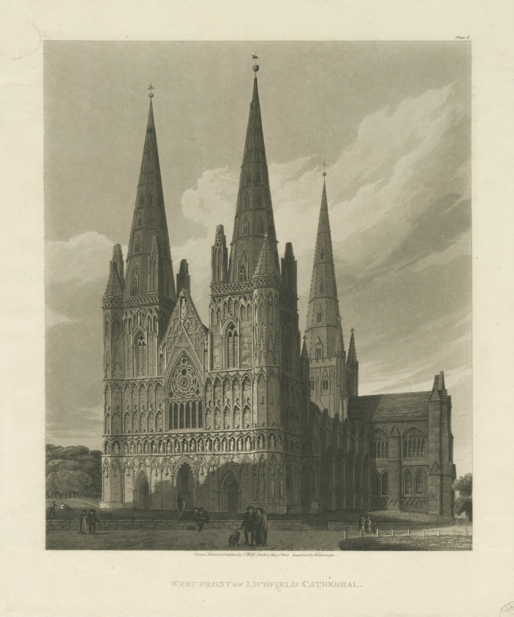 Katedrála Lichfield – západní fronta: rytina akvatinty, 1813 od Charles Wild