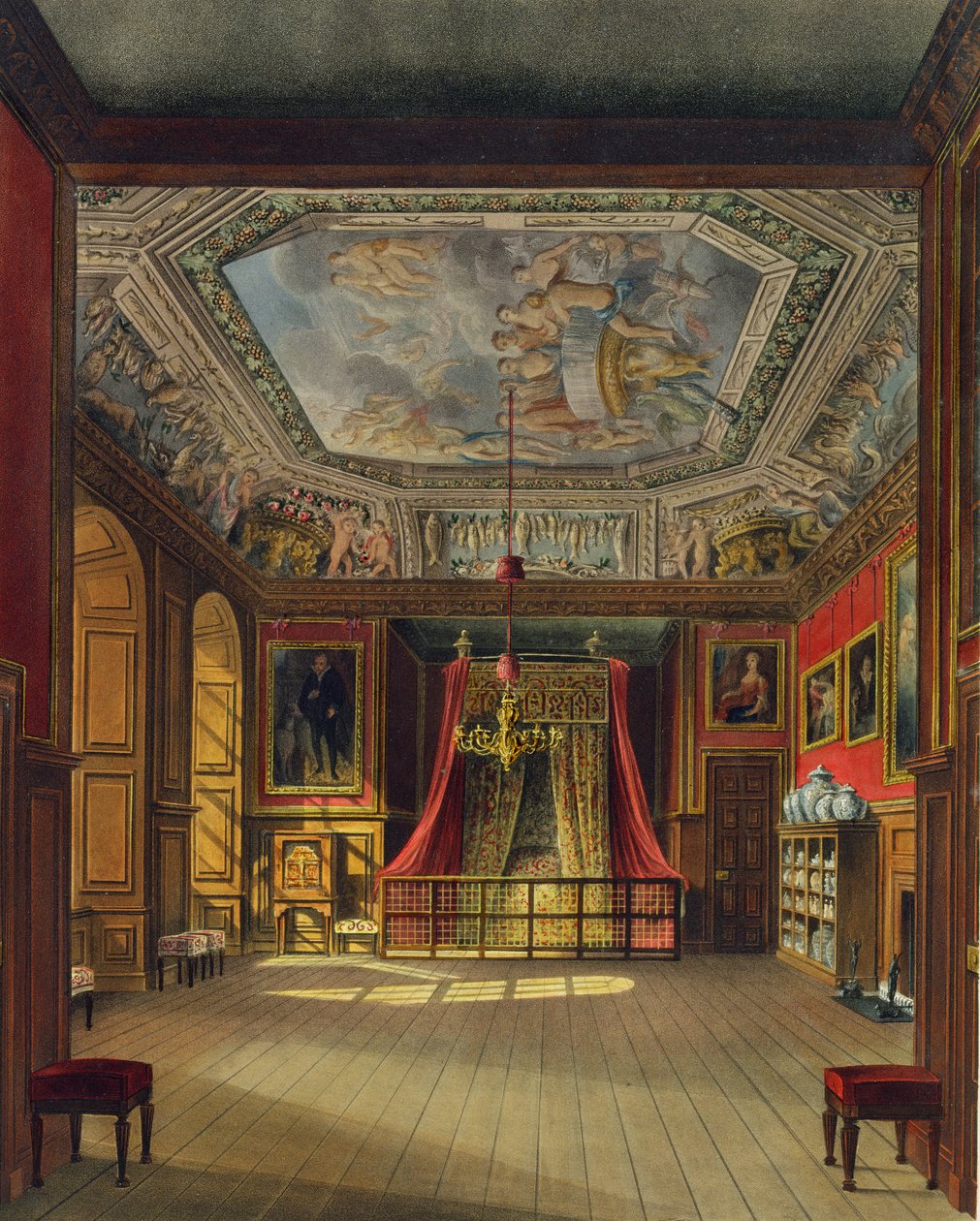 Postel královny Anny, zámek Windsor, z knihy "Royal Residences", vyryl Thomas Sutherland (nar. 1785), vydal William Henry Pyne (1769-1843), 1816 (akvatinta) od Charles Wild