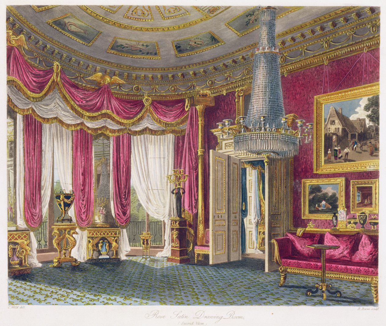 Rose Satin Drawing Room (druhý pohled) Carlton House, vyrytý R. Reeveem (fl. 1811-37) z 