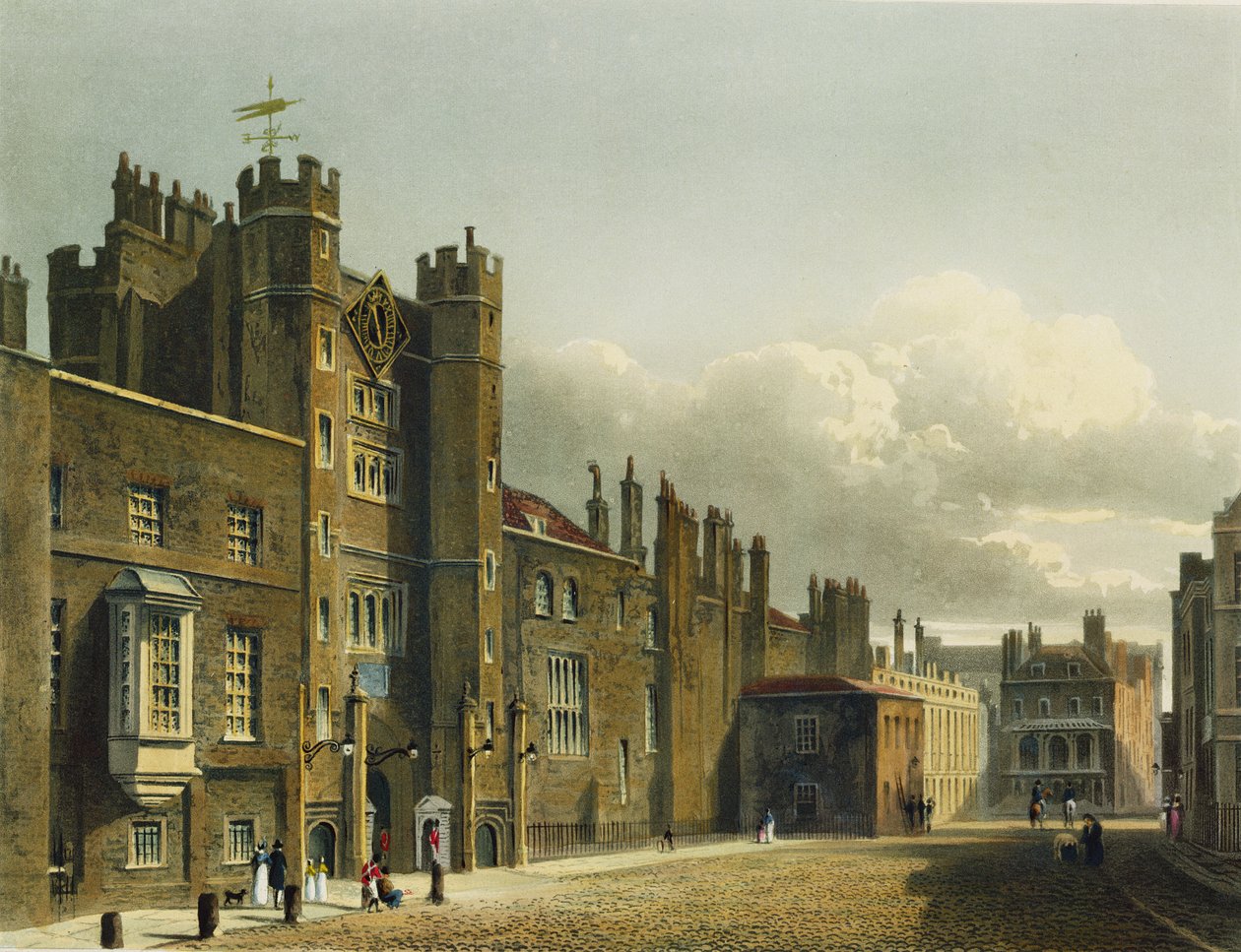 Palác svatého Jakuba, z „Dějiny královských sídel“, vyryl Richard Reeve (nar. 1780), William Henry Pyne (1769-1843), 1819 od Charles Wild