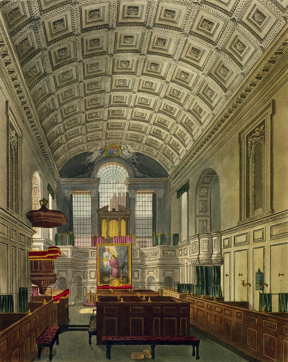 Německá kaple, Palác svatého Jakuba, z „Dějiny královských sídel“, vyryl Daniel Havell (1785-1826), William Henry Pyne (1769-1843), 1819 od Charles Wild