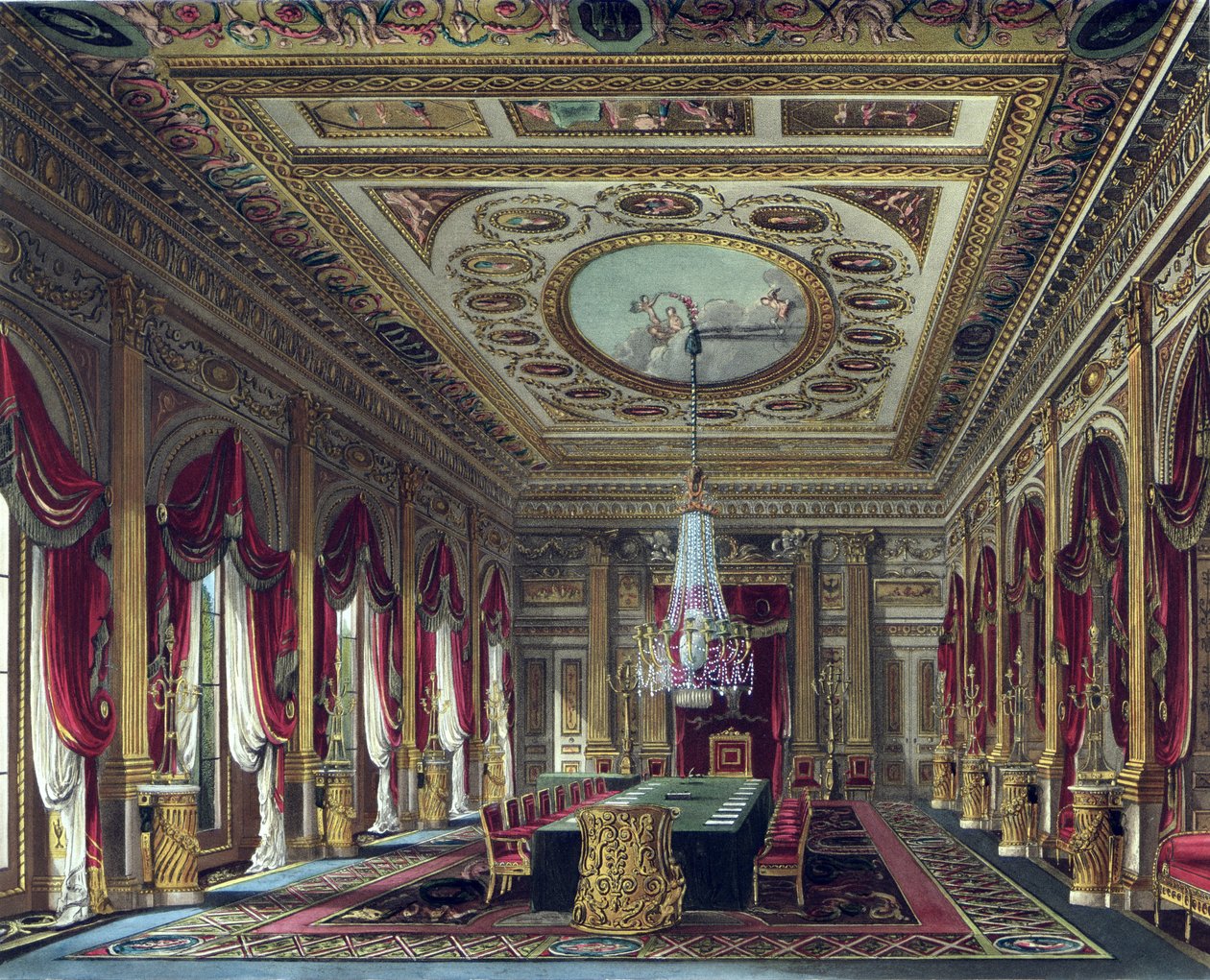 Trůnní sál, Carlton House, z „Dějiny královských sídel“, vyryl Thomas Sutherland (nar. 1785), William Henry Pyne (1769-1843), 1818 od Charles Wild