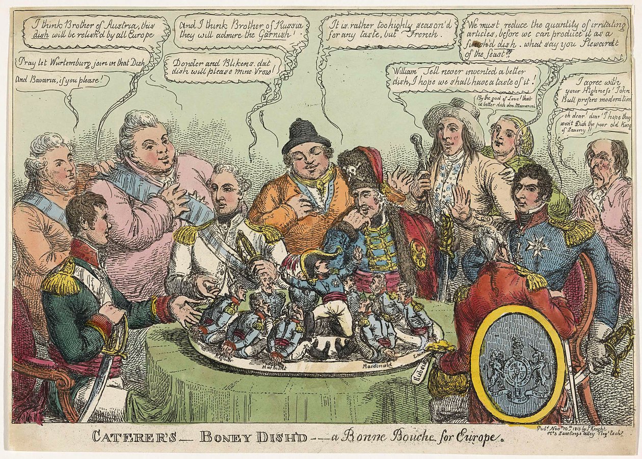 Caterers- Boney Dishd- a Bonne Bouche pro Evropu, hospoda. 1813 (ručně kolorovaná rytina) od Charles Williams