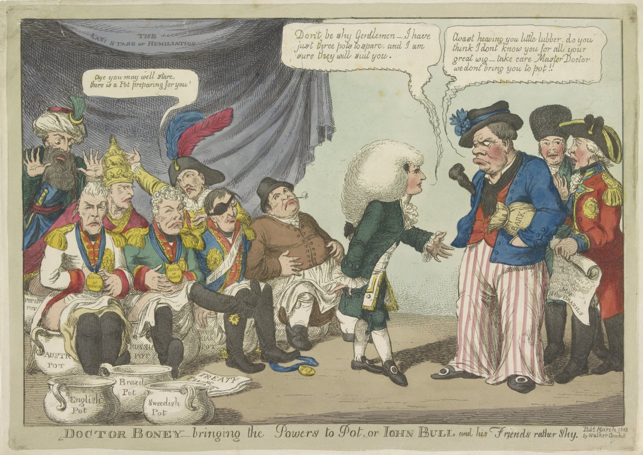 Dokter Napoleon zet de Europese vorsten op de pot, 1808 Doctor Boney – přináší síly do hrnce, nebo John Bull a jeho přátelé jsou poněkud stydliví (název na předmětu) od Charles Williams