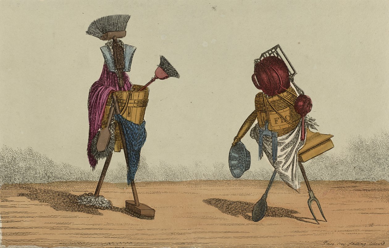 Implements Animated, Plate 2, Dedicated to Housemaids and Cooks of the United Kingdoms, září 1811 (ručně kolorovaný lept) od Charles Williams