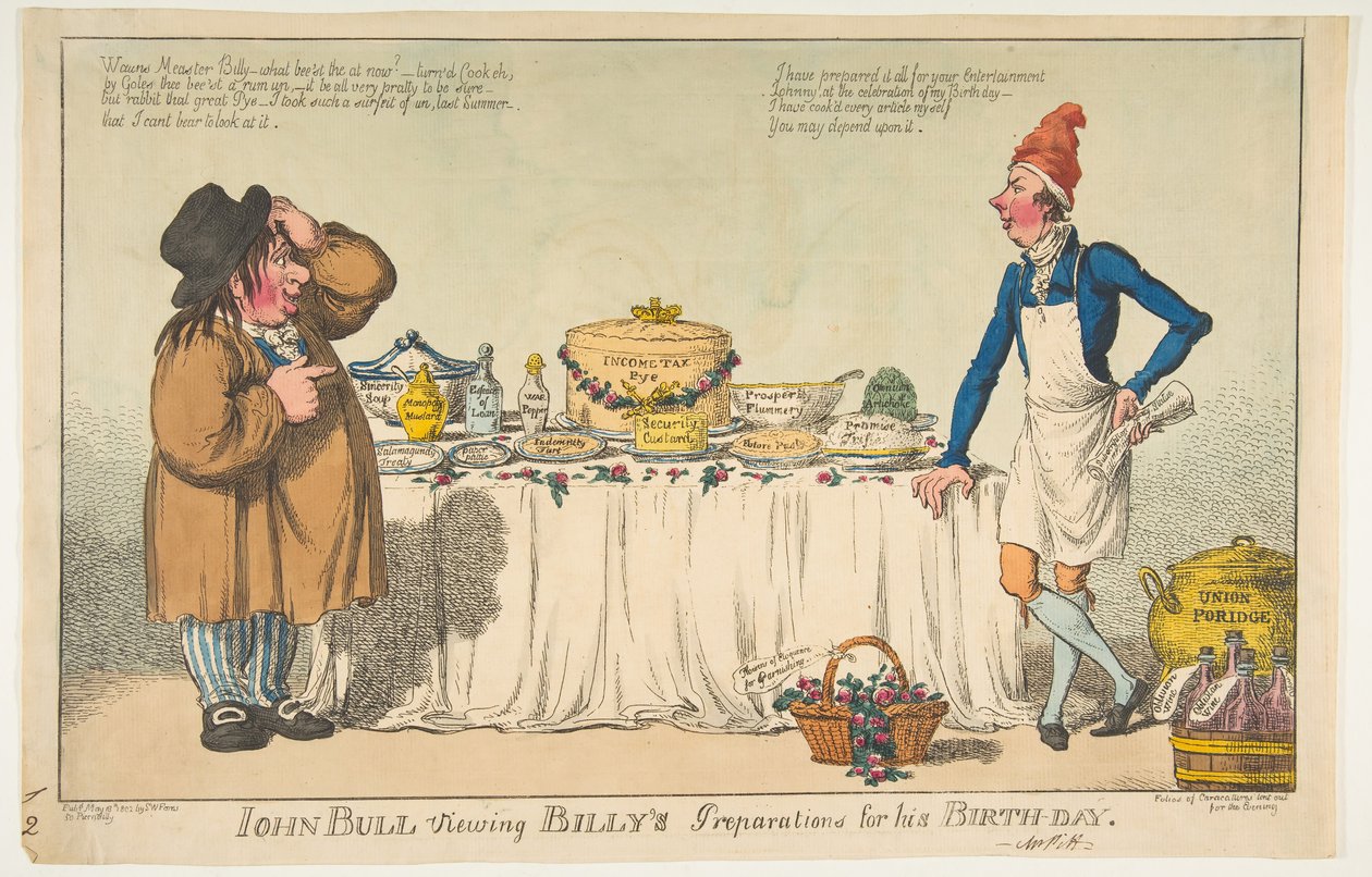 John Bull prohlíží přípravy Billyse na jeho narozeniny, 18. května 1802. od Charles Williams