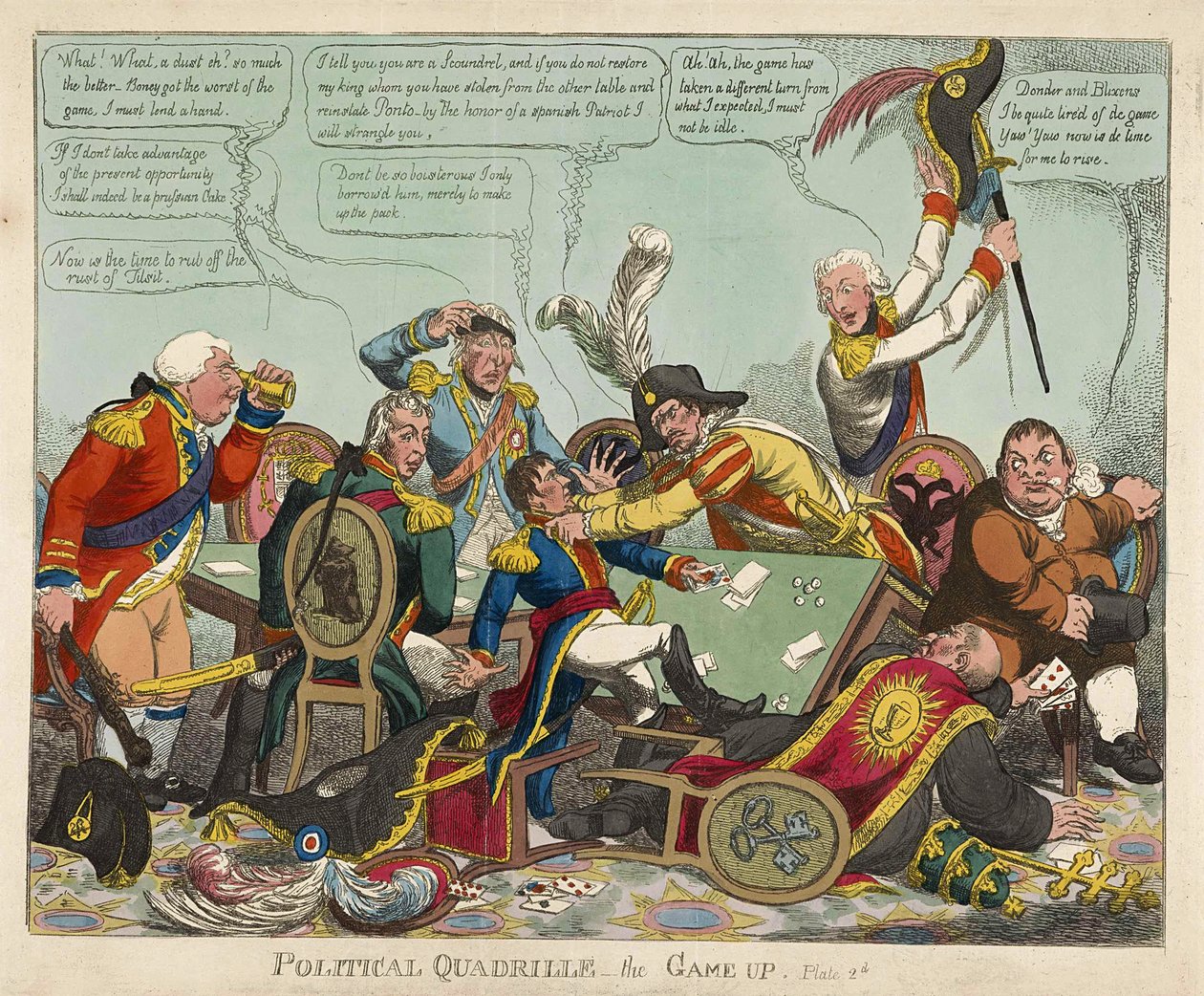 Political Quadrille -- the Game Up, hospoda. 1806 (ručně kolorovaná rytina) od Charles Williams