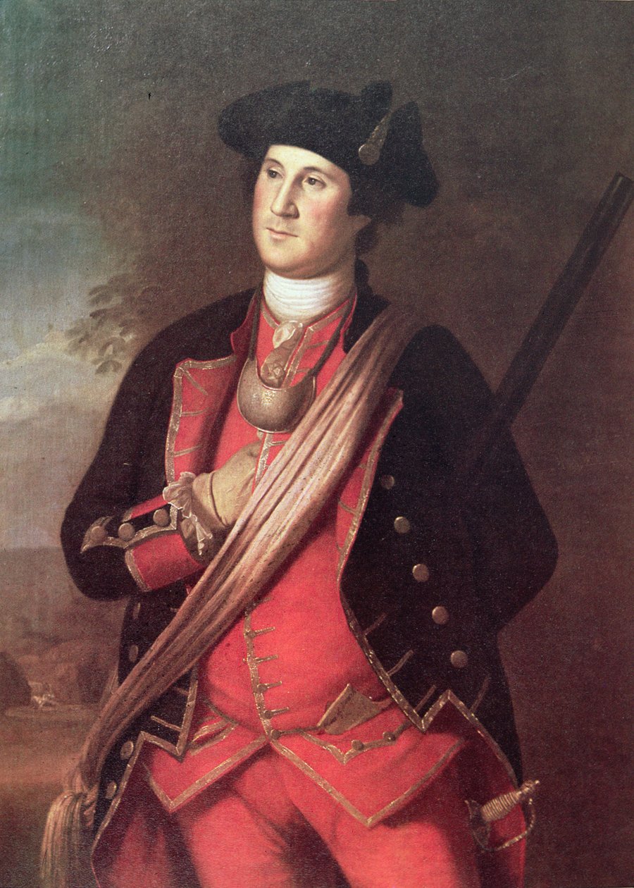George Washington v uniformě plukovníka virginské milice během francouzské a indické války (1755-63) (barevné lito) od Charles Willson (after) Peale
