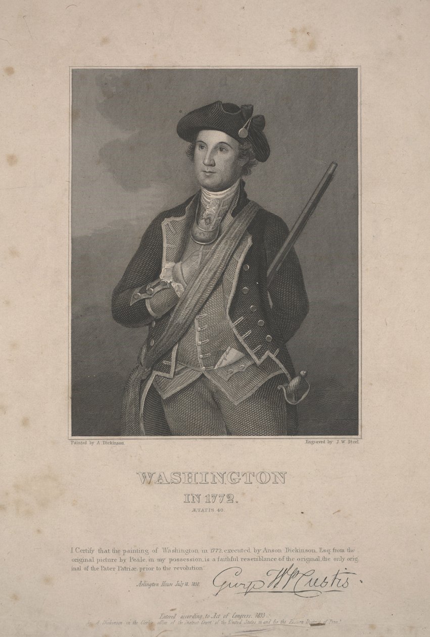 Washington v roce 1772, nakreslil Anson Dickinson kolem roku 1833 (ocelová rytina) od Charles Willson (after) Peale