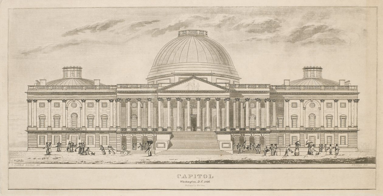 Capitol, Washington, DC, rytý Henry a James Stone (rozkvetl 1822-1849), 1826 (akvatinta a rytina na papíře) od Charles after Bulfinch