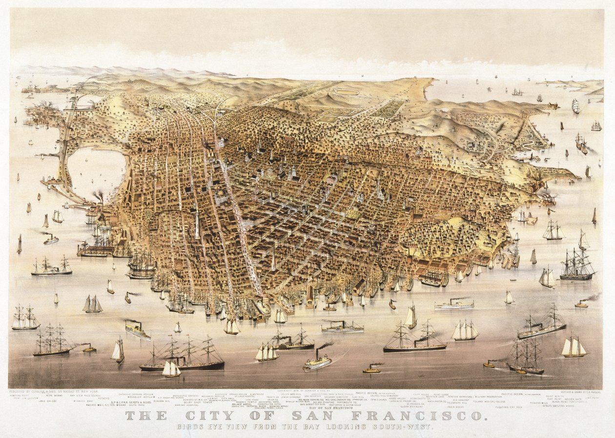 Město San Francisco, pohled z ptačí perspektivy ze zálivu při pohledu na jihozápad, publikoval Currier & Ives od Charles Richard Parsons