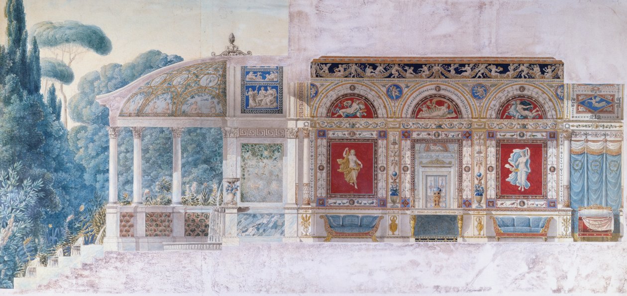 Návrh hotelu Particulier na Champs Elysees pro Hortense de Beauharnais (1783-1837), královnu Holandska (wc na papíře) od Charles and Fontaine Percier