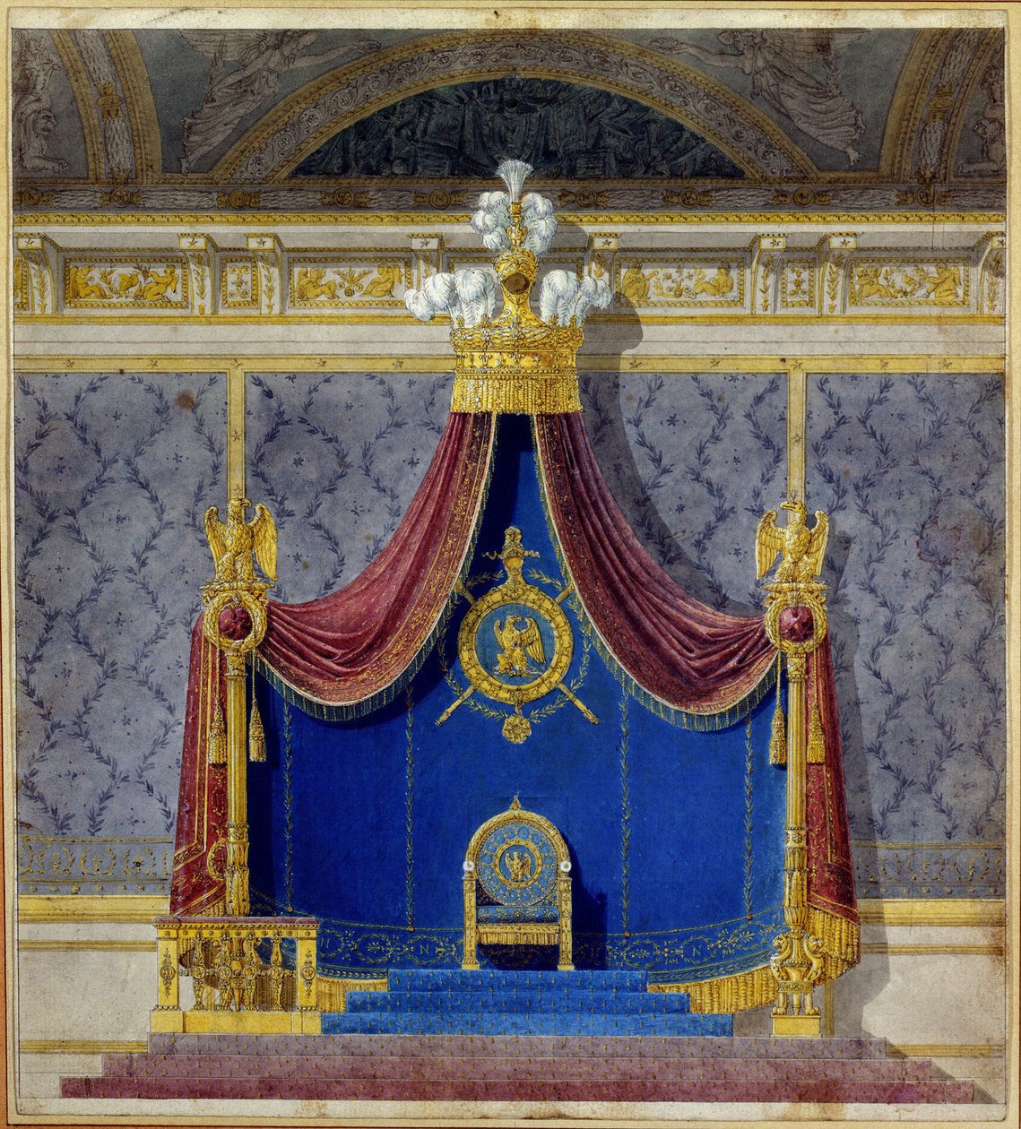 Art France: Trůn Napoleona I. v Palais des Tuileries vytvořený Charlesem Percierem (1764-1838) a Pierrem Francoisem Leonardem Fontainem (1762-1853), francouzskými architekty a dekoratéry. Soukromá sbírka od Charles and Fontaine Pierre Percier