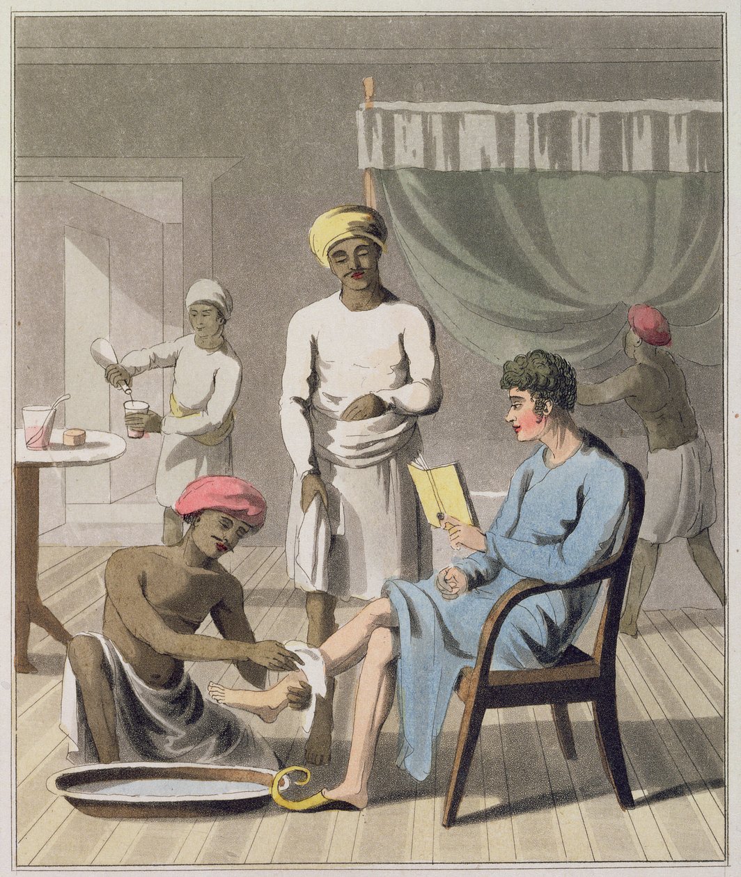 A Gentleman Dressing, za účasti jeho nositele hlavy a dalších služebníků, deska 4 z „Evropana v Indii“, vydaného v roce 1813 (ručně kolorovaná akvatinta) od Charles d Oyly