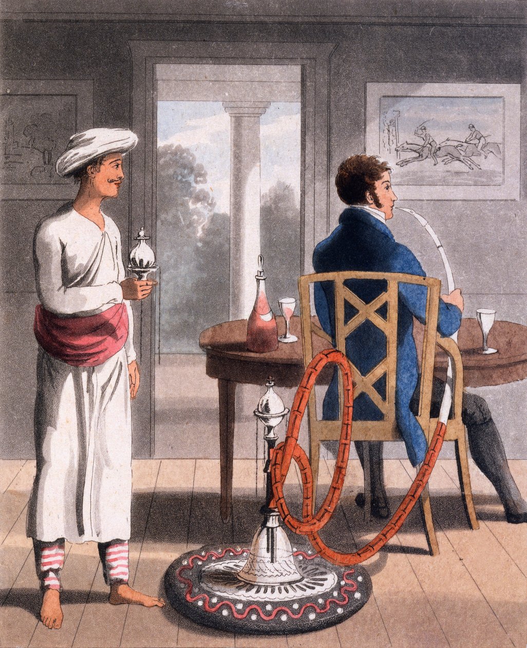 Gentleman se svou vodní dýmkou Burdah neboli Pipe Bearer, 1813 od Charles d Oyly