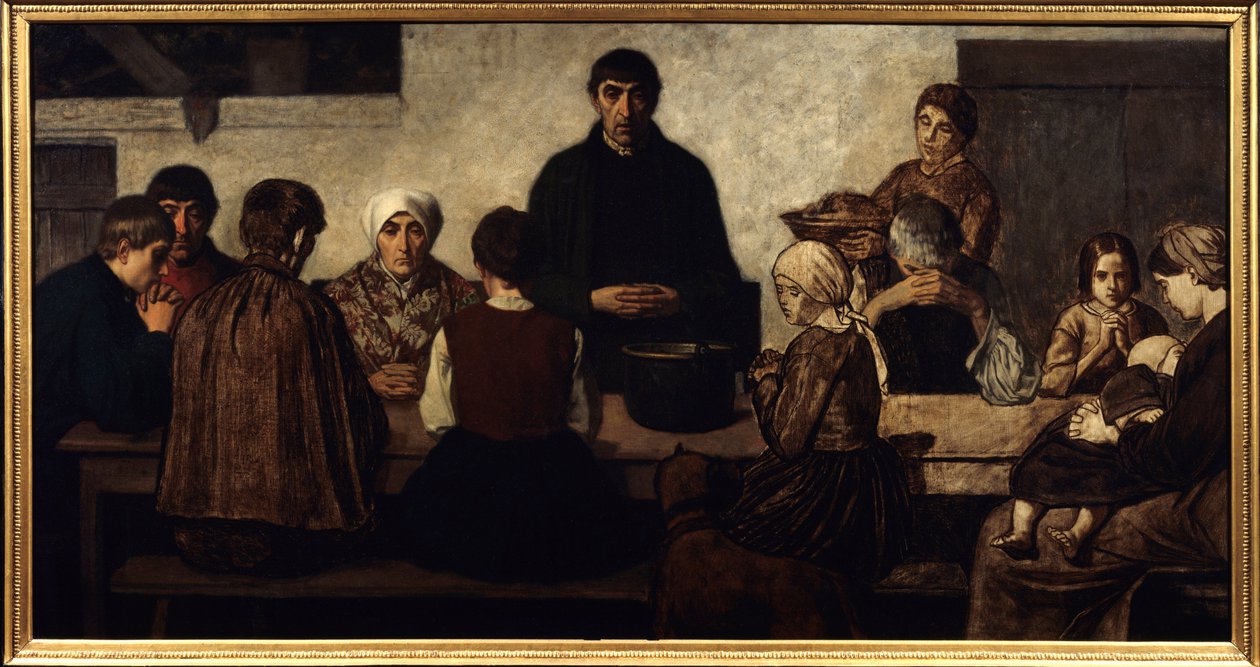 Benedicite Rodina se modlí u stolu. Obraz Charles Groux dit Degroux (1825-1870) (ek.belg.) 1860 ne. 0,78x1,51 m Paříž, musee d