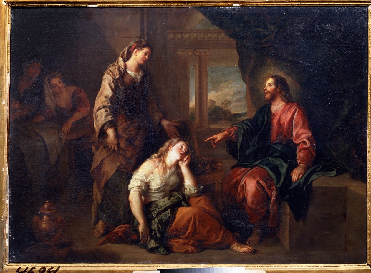 ""Le Christ chez Marthe et Marie"" (Christ in the House of Martha and Maria). Sainte Marthe, femme disciple de Jesus-Christ et sa soeur Marie de Bethanie. Peinture de Charles de La Fosse (1636-1716) Musee Pouchkine, Moscou   1318675   cs       czech Succes od Charles de la Fosse