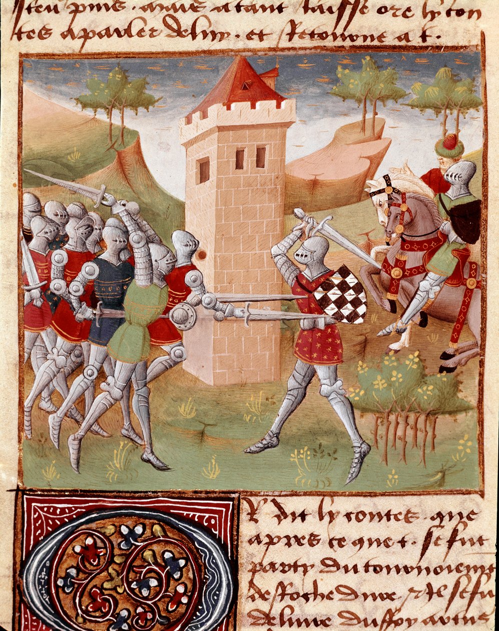 Miniatura bojujících rytířů Lancelot du Lac převzatá z „“Roman du Chevalier Tristan”” od mistra Charlese de Maine (verze Beroul). 1440-1460. Chantilly, muzeum Condé od Charles du Maine Master
