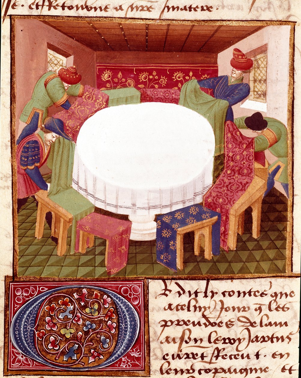 Přípravy kulatého stolu při příchodu miniaturních rytířů převzaty z románu „Romanesque du Chevalier Tristan““ od mistra Charlese de Maine (verze Beroul). 1440-1460. Chantilly, Conde Museum od Charles du Maine Master