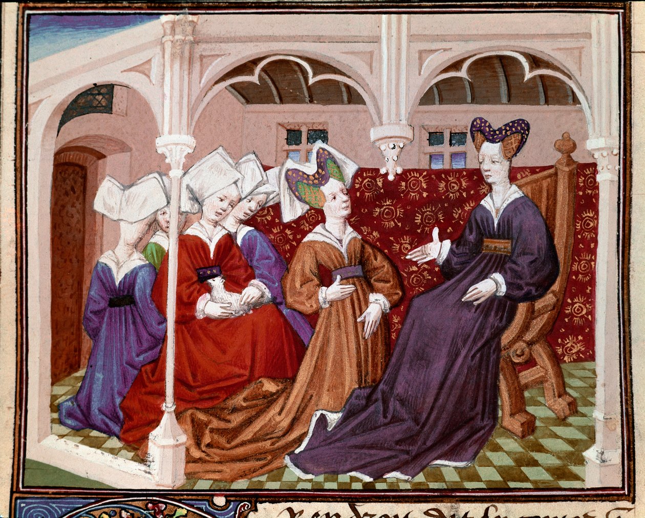 Královna Iseult (nebo Iseult) mluví se svými miniaturními společníky z „Romance rytíře Tristana““ od mistra Charlese z Maine 1440-1460. Chantilly, Conde Museum od Charles du Maine Master