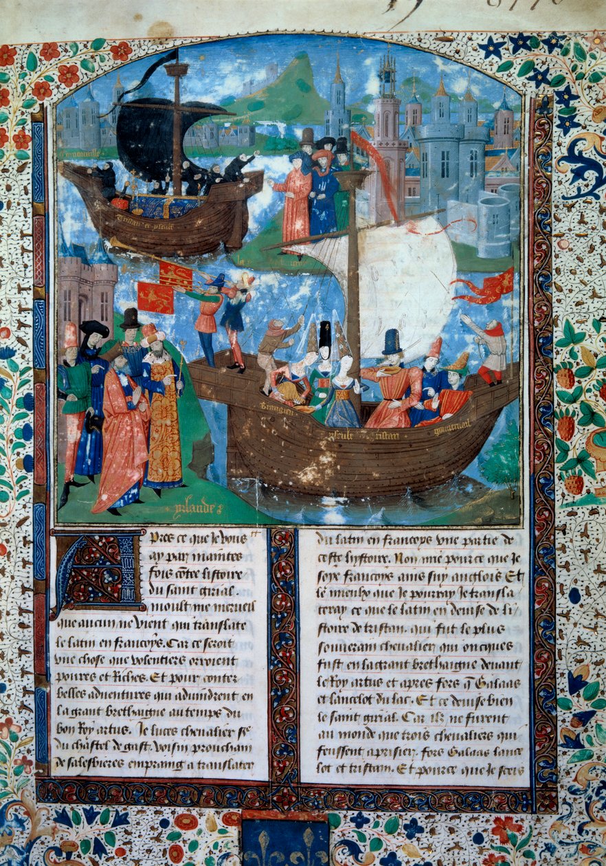 Tristan a Iseult (Isolde nebo Yseult) opouštějí Irsko, Tristan pije filtr lásky. Hluboko uvnitř jsou jejich dvě těla přivezena zpět do Irska. Miniatura z rukopisu ms. 103 f.1 Tristanův román““ připisovaný mistru Charlesi z Maine. 15. století od Charles du Maine Master