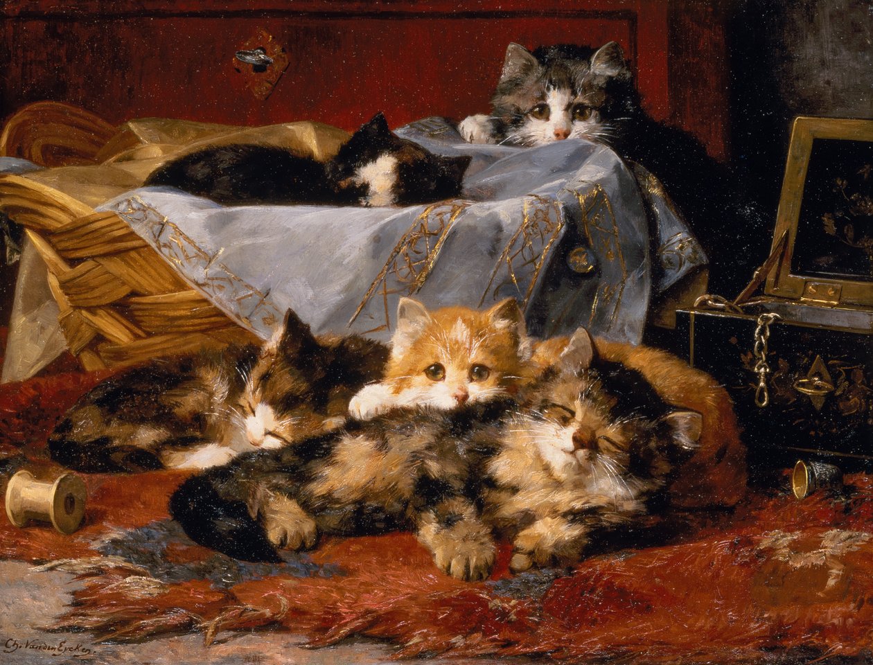 Koťata podle šicího koše (olej na plátně) od Charles van den Eycken
