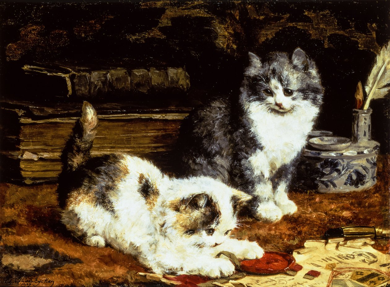 Dvě koťata si hrají na stole od Charles van den Eycken