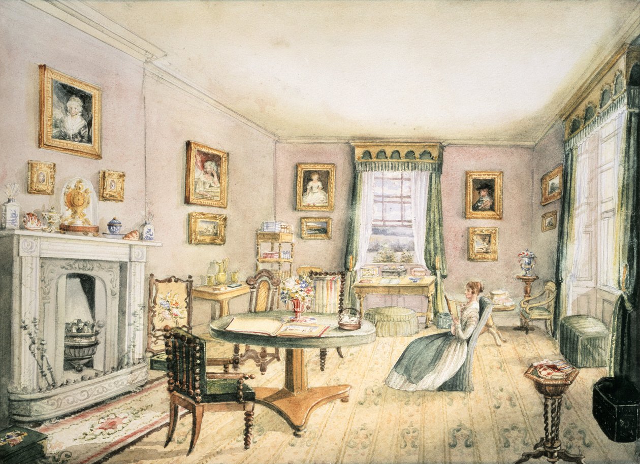 The Drawing Room, East Wood, Hay, f54 z Album of Interiors, 1843 od Charlotte Bosanquet