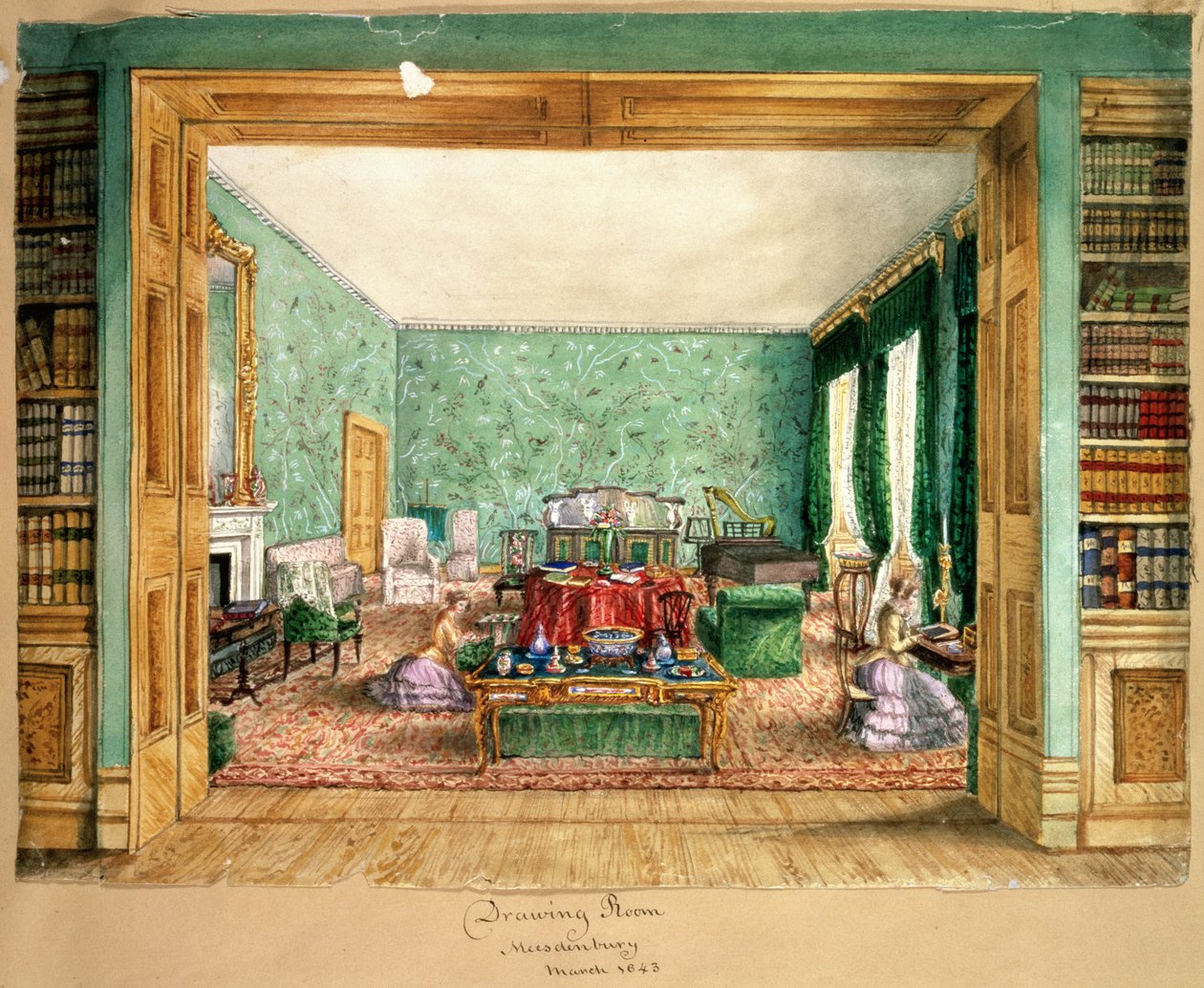 The Drawing Room at Meesdenbury, f13 z An Album of Interiors, 1843 (wc na papíře) od Charlotte Bosanquet