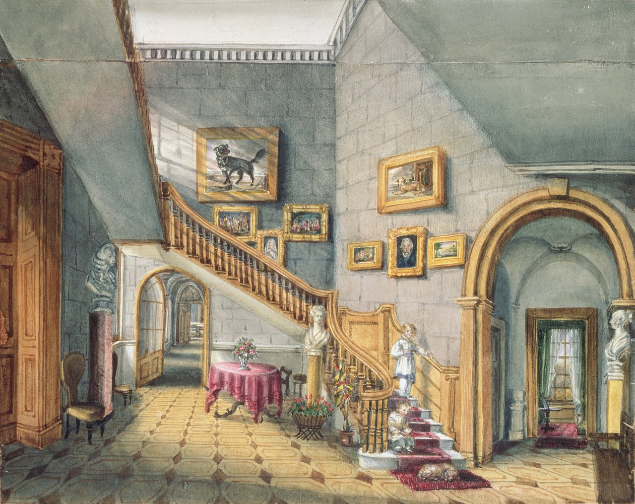 The Staircase, Strood Park, f26 z An Album of Interiors, 1843 od Charlotte Bosanquet