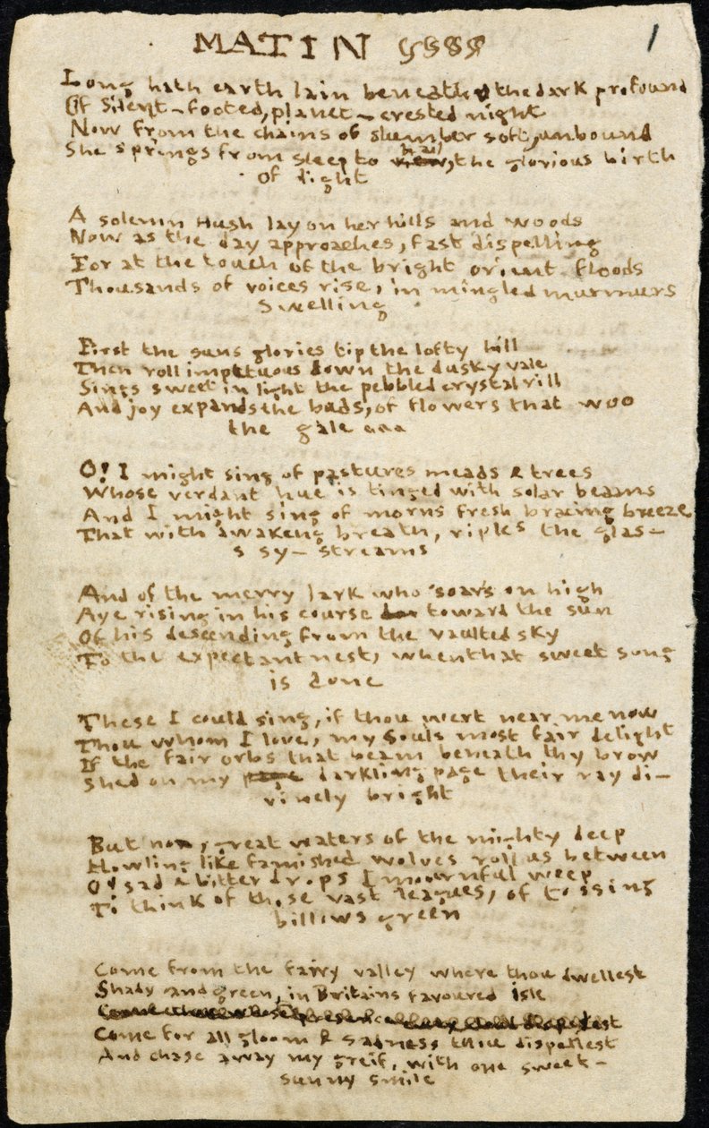 Báseň Charlotte Bronteové. Autografní poctivý opis básně "Matin", se škrty. 12. listopadu 1830, Haworth, co. York: 1830. Haworth, co. York. od Charlotte Bronte