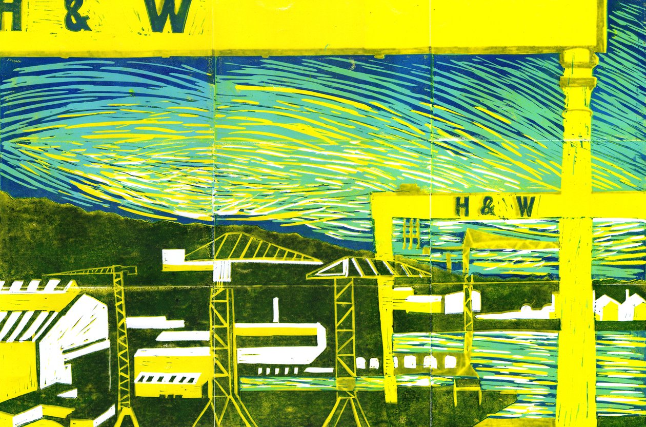 Harland & Wolff Cranes, Belfast, 2022 (linotisk) od Charlotte Orr