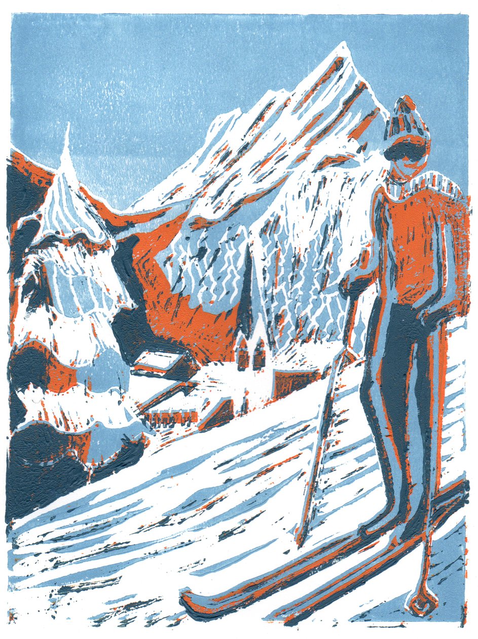 Lyže, 2015, linotisk od Charlotte Orr